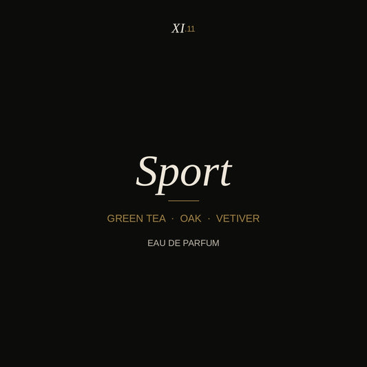XI.11 Sport Eau de Parfum bottle spotlit on a stone tray