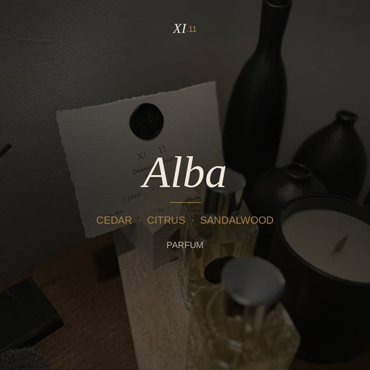 XI.11 Alba Parfum — square amber glass bottle with silver cap, 100ml