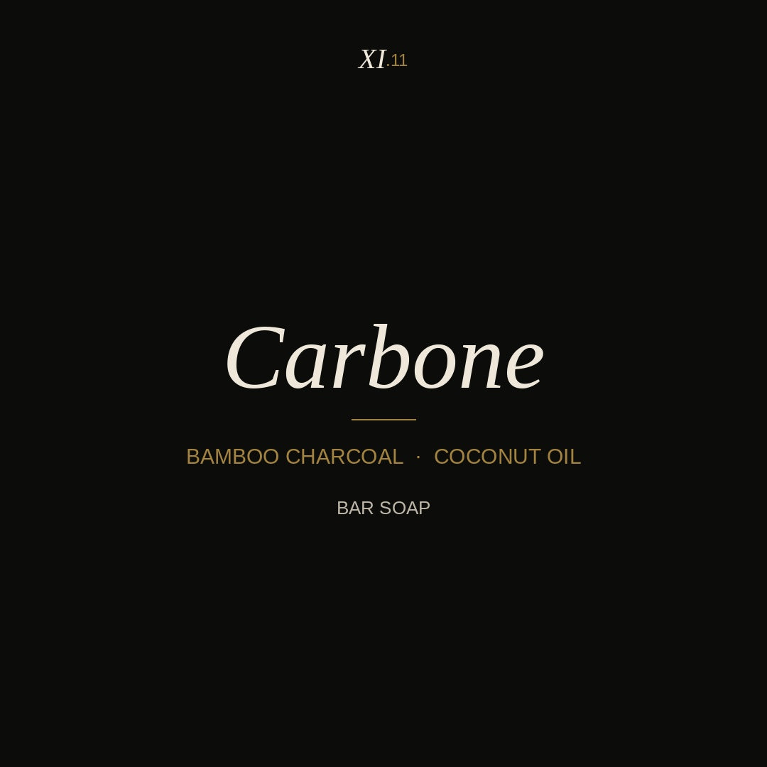 XI.11 Carbone bar soap — bamboo charcoal and coconut oil, product notecard