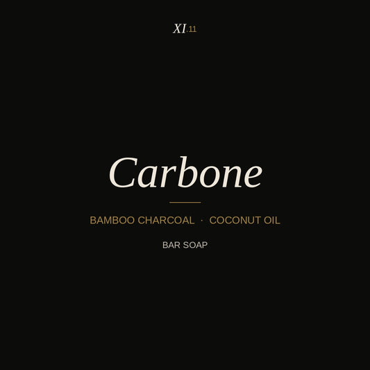 XI.11 Carbone bar soap — bamboo charcoal and coconut oil, product notecard